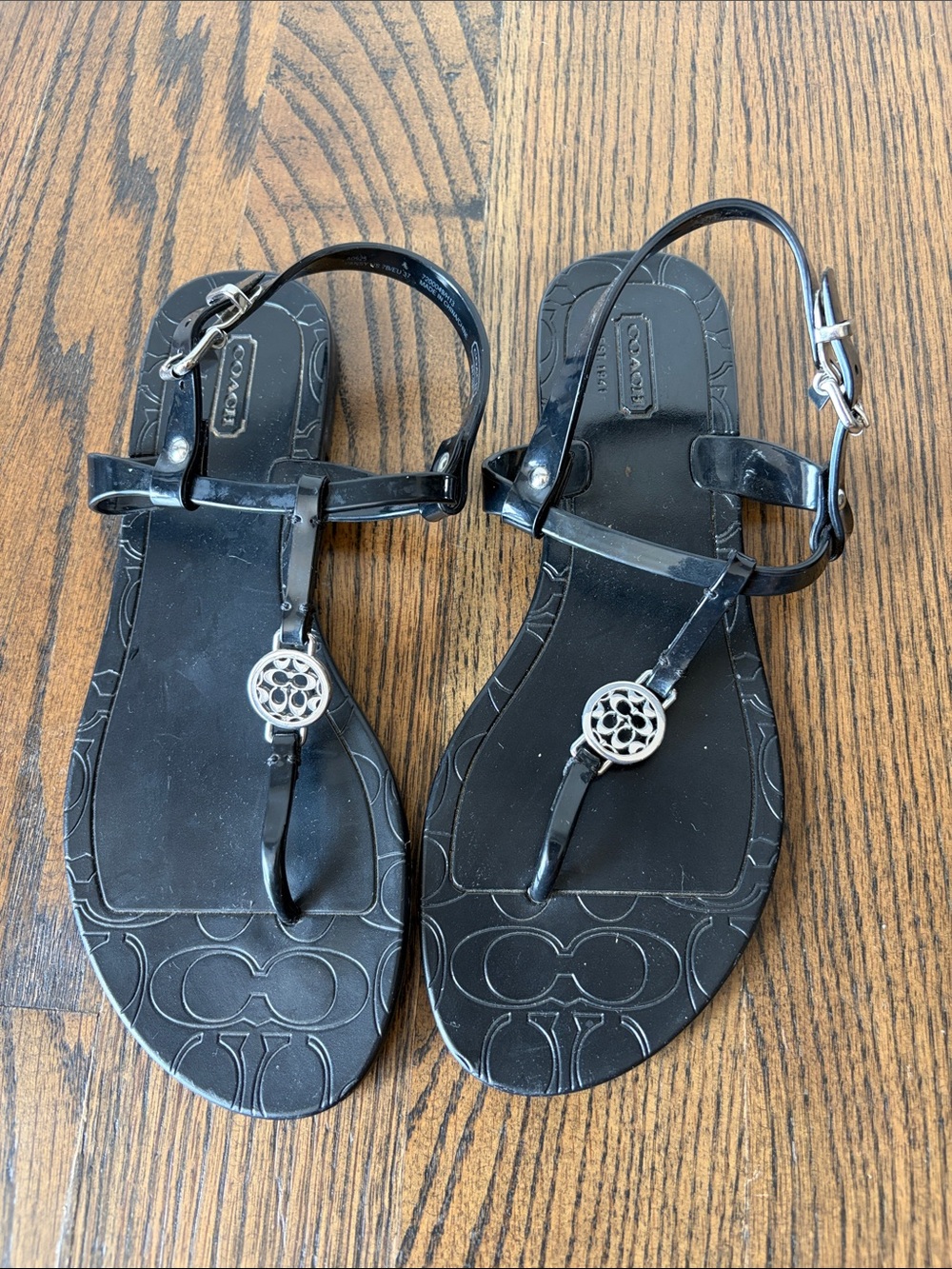 Coach Black T-Strap Sandals with Silver Logo Accent